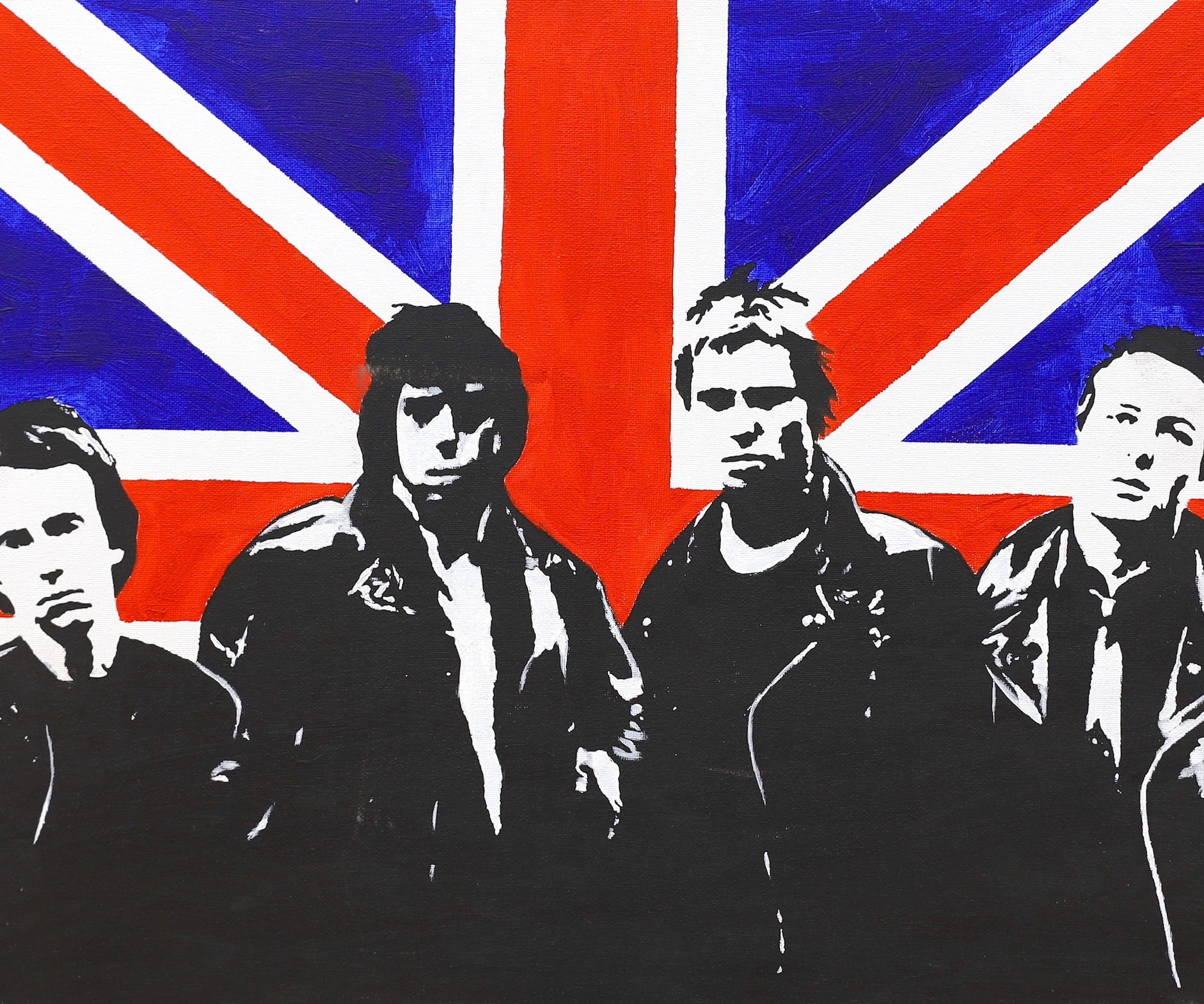 Owyn Jones, pair of oils on canvas, 'The Beatles' and 'The Clash', inscribed verso and dated 2001, 40 x 50cm, unframed